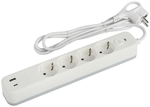 Удлинитель с сетевым фильтром 4х3м с заземл. 10А USF-4es-3m-2xUSBAC-W +2xUSBA+C 3.1A с выкл. с базов. защитой | код Б0059573 | Эра