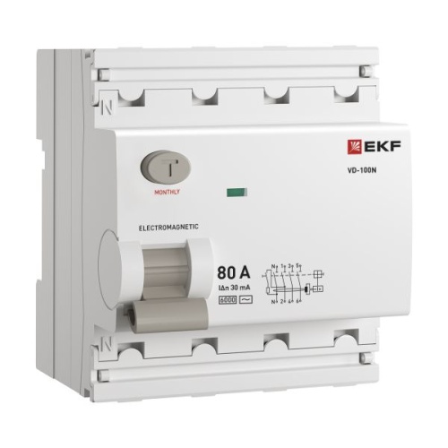 Выключатель дифференциального тока ВД-100N 4P 80А 30мА AC эл-мех 6кА PROXIMA EKF | код E1046M8030 | EKF