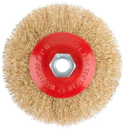 Корщетка-колесо с наклоном, гайка М14, стальная волнистая латунированная проволока 115 мм | код 39022 | FIT фото 2