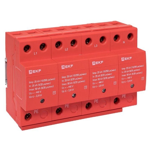 Устройство защиты от импульсных перенапряжений класс 1 Iimp 25кА (10/350мкс) 4P | код spd-t1-4p | EKF Устройство защиты от импульсных перенапряжений класс 1 Iimp 25кА (10/350мкс) 4P | код spd-t1-4p | EKF