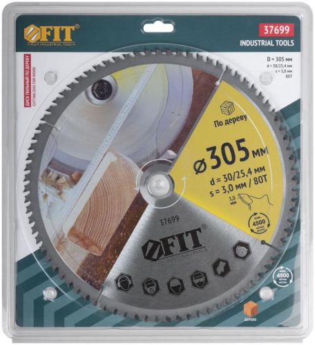 Диск пильный для циркулярных пил по дереву 305х30/25.4х80Т спец. форма зуба FIT 37699 фото 3