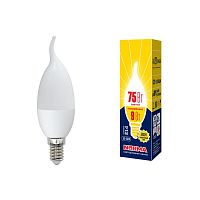 Лампа светодиодная LED-CW37-9W/WW/E14/FR/NR Форма свеча на ветру, матовая. Серия Norma. Теплый белый свет (3000K). Картон. ТМ Volpe | код UL-00003809 | Uniel