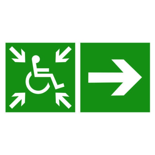 Знак безопасности ''Напр.движ. к пункту сбора(безоп.зоне)МГН направо'' | код BL-3015B.E76 | Белый свет