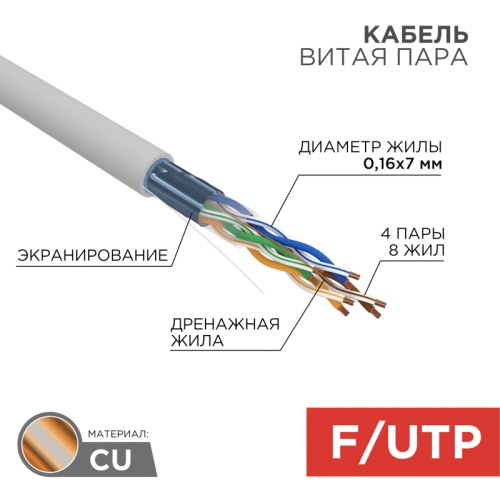 REXANT Кабель витая пара F/UTP, категория 5e, PVC, 4PR, 24AWG, внутренний, многожильный, серый, 305 м | код 01-0145 | REXANT REXANT Кабель витая пара F/UTP, категория 5e, PVC, 4PR, 24AWG, внутренний, многожильный, серый, 305 м | код 01-0145 | REXANT