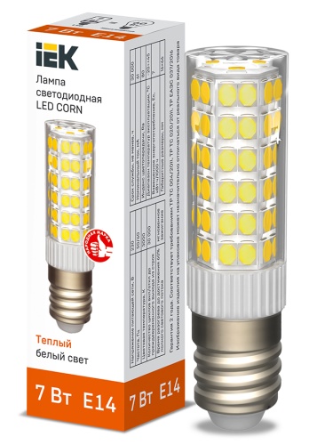 Лампа светодиодная CORN капсула 7Вт 230В 3000К керамика E14 | код LLE-CORN-7-230-30-E14 | IEK