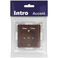Розетка Intro Accent 6-410-10 , P+E Schuko со шторками, 16А-250В + 2хUSB, IP20, СУ, венге | код Б0063717 | ЭРА