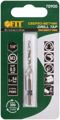 Сверло-Метчик комбинированное метрическое, быстрорежущая (HSS) сталь Р6М5, М3х0.5 мм, 16/54 мм | код 70900 | FIT фото 3