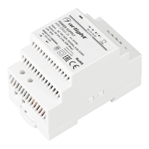 Блок питания ARV-DR60-24 (24V, 2.5A, 60W) (ARL, IP20 DIN-рейка) | Код. 31086 | Arlight