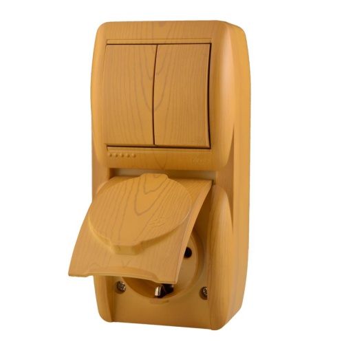 Ната Выключатель х2 +розетка с заземлением с кр ышкой ольха вертикальный | код 710-0700-173 | LEZARD