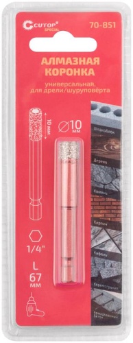 Коронка алмазная универсальная Special, шестигранный хвостовик 1/4'', 10X10x67 мм | код 70-851 | FIT фото 3