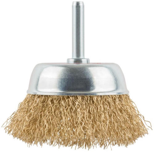 Кордщетка чашечная, со шпилькой, стальная латунированная волнистая проволока 65 мм | код 38467 | FIT фото 2