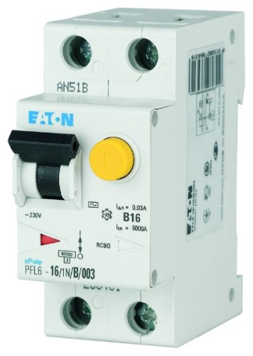 Дифференциальный автоматический выключатель 16/0,03А (AC), кривая отключения В, 1+N полюсов, откл. способность 6 кА, PFL6-16/1N/B/003 | код 286431 | EATON