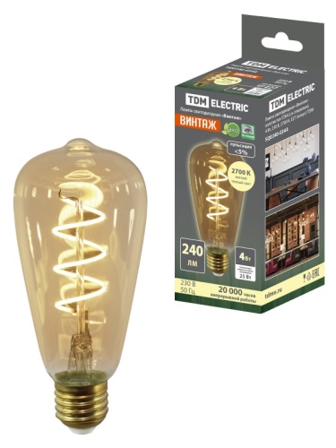 Лампа светодиодная «Винтаж» золотистая ST64 (со спиралью), 4 Вт, 230 В, 2700 К, E27 (конус) TDM | код SQ0340-0344 | TDM Лампа светодиодная «Винтаж» золотистая ST64 (со спиралью), 4 Вт, 230 В, 2700 К, E27 (конус) TDM | код SQ0340-0344 | TDM