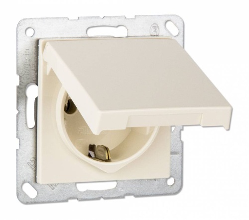 Розетка SCHUKO одинарная, с заземлением, с крышкой, без шторок, 16A, 250В (механизм + накладка, без рамки). Серия- Eco Profi. Материал- термопласт. Цвет- слоновая кость. | код EP421KL | JUNG