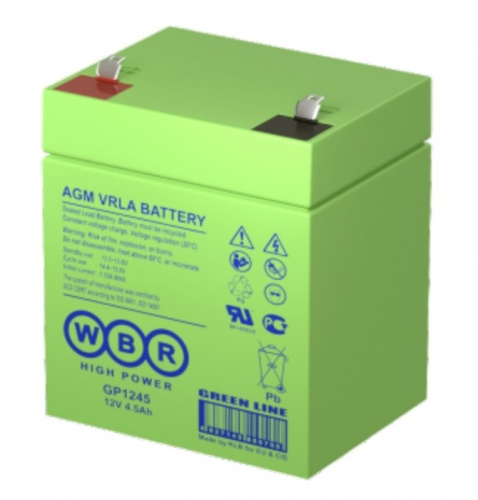 WBR GP1245 Аккумуляторная батарея для ИБП, напряжение: 12В, ёмкость: 4,5Ач, клеммы типа: F1, Размеры ВШГ: 107x70x90мм, вес: 1,7кг. Срок службы: 8 лет. | код WBR GP1245 | WBR