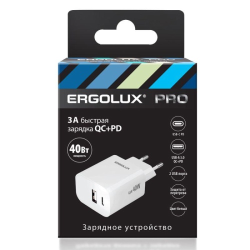 Адаптер сетевой ELX-РA04QC-C01 GaN 40Вт 1USB+1Type C 100-270В 5В-12В/3 3А QC бел. | код 15294 | Ergolux