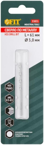 Сверло по металлу HSS полированное, центровочный наконечник, Р6М5, блистер 3,0х61 мм ( 1 шт.) | код 33831 | FIT фото 3