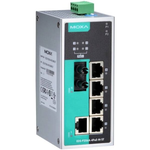 Коммутатор EDS-P206A-4PoE-M-ST-T Ethernet Switch 1 x 10/100BaseTX, 1 x 100BaseFx MM port, 4 x PoE, ST, t:-40/+75 | код 00-06049523 | MOXA