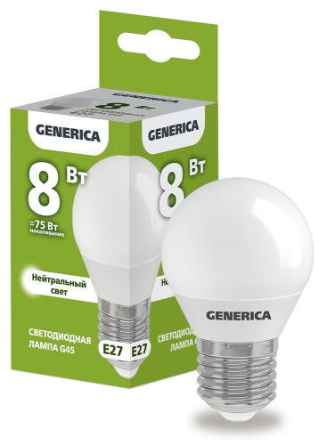 Лампа светодиодная G45 шар 8Вт 230В 4000К E27 GENERICA | код LL-G45-08-230-40-E27-G | IEK