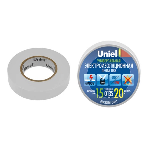 Лента изоляционная 0.135х15мм 20м UIT-135P 20/15/01 WHT бел. Uniel 04488 Лента изоляционная 0.135х15мм 20м UIT-135P 20/15/01 WHT бел. Uniel 04488