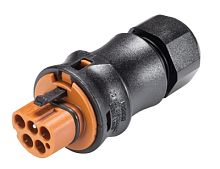 Вилочный разъем на кабель диам. 6-10 мм, IP68(69k), 5 полюсов, винтовая фиксация провода, номинальные характеристики: ~50V/-120V, 20A, цвет контактной вставки: коричневый, цвет корпуса: черный, серия RST Classic | код 96.052.4051.4 | Wielan