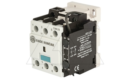 Контактор CNN 25 10, 3P, 25A/(40A по AC-1), 11kW(400VAC), 1NO, Uk=24VDC, Iвтяг=5,1А, Iудерж=0,12А | код EAC606506 | Rade Koncar