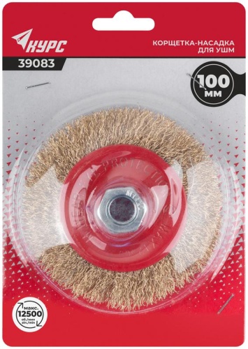 Корщетка-колесо с наклоном, гайка М14, стальная латунированная волнистая проволока 100 мм, блистер | код 39083 | FIT фото 3