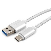 Кабель USB 3.0 Cablexpert CC-P-USBC03S-1M, AM/Type-C, серия Platinum, длина 1м, серебро, нейлоновая оплетка, блистер | код CC-P-USBC03S-1M | Cablexpert