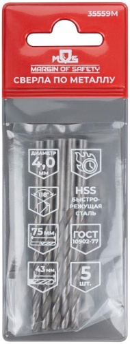 Сверла по металлу HSS, угол заточки 118град, 4,0X75 мм, (5 шт.) | код 35559М | FIT фото 3 Сверла по металлу HSS, угол заточки 118град, 4,0X75 мм, (5 шт.) | код 35559М | FIT фото 3