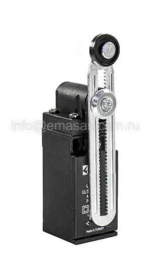 Выключатель концевой синхроного переключения угловой 2-х направленный с металлической консолью и пластиковым роликом Ф18мм на длинном регулируемом рычаге (1НО+2НЗ), L3K25MEP123 | код L3K25MEP123 | EMAS