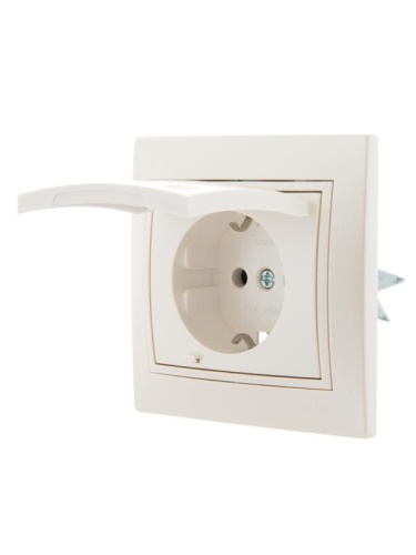 Розетка 1-м СП Mira 16А IP20 с заземл. с защ. крышкой со вставкой керамика жемчуж./бел. перламутр. | код 701-3030-123 | LEZARD фото 2