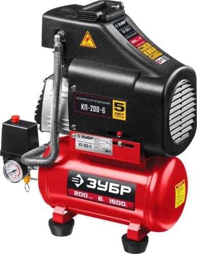 Компрессор поршневой Зубр КП-200-6 безмасляный 200л/мин 6л 1500Вт красный | код 1407277 | ЗУБР Компрессор поршневой Зубр КП-200-6 безмасляный 200л/мин 6л 1500Вт красный | код 1407277 | ЗУБР