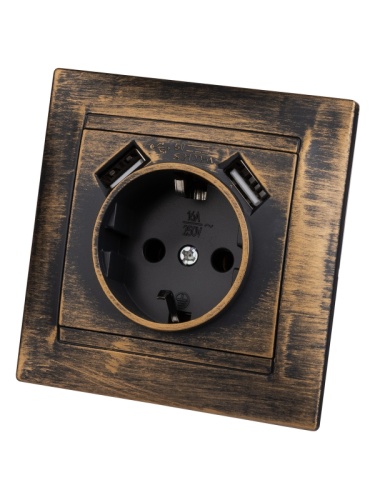 Розетка 2П+З 16А 250В + 2 USB порта 2,1А 5В старинная бронза Лама TDM | код SQ1815-0772 | TDM