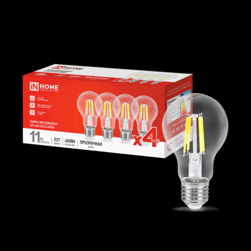 Лампа светодиодная LED-A60-deco 4PACK 11Вт 230В Е27 4000К 1160Лм прозрачная IN HOME | код 4690612053417 | IN HOME Лампа светодиодная LED-A60-deco 4PACK 11Вт 230В Е27 4000К 1160Лм прозрачная IN HOME | код 4690612053417 | IN HOME