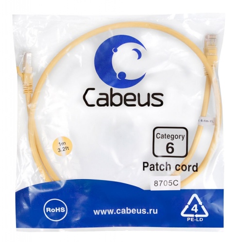 Cabeus PC-UTP-RJ45-Cat.6-1m-YL Патч-корд U/UTP, категория 6, 2xRJ45/8p8c, неэкранированный, желтый, PVC, 1м | код 8705c | Cabeus