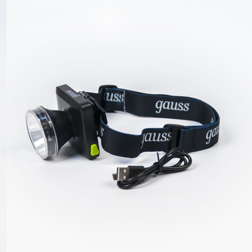 Фонарь налобный светодиодный LED 5 Вт 100 Лм модель GFL401 черный c Li-ion аккумулятором 3000 мАч диммируемый | код GF401 | GAUSS