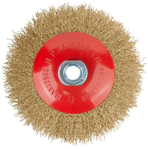 Кордщетка-колесо с наклоном, гайка М14, стальная волнистая латунированная проволока 125 мм | код 39052 | FIT