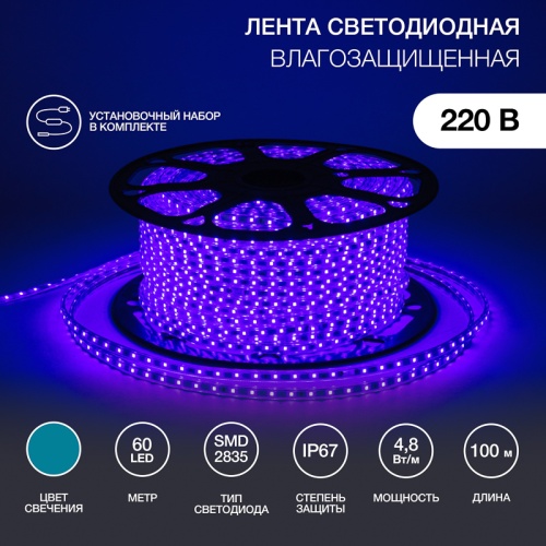 LED лента 220 В, 10х7 мм, IP67, SMD 2835, 60 LED/m, цвет свечения синий, бухта 100 м | код 142-603 | NEON-NIGHT LED лента 220 В, 10х7 мм, IP67, SMD 2835, 60 LED/m, цвет свечения синий, бухта 100 м | код 142-603 | NEON-NIGHT