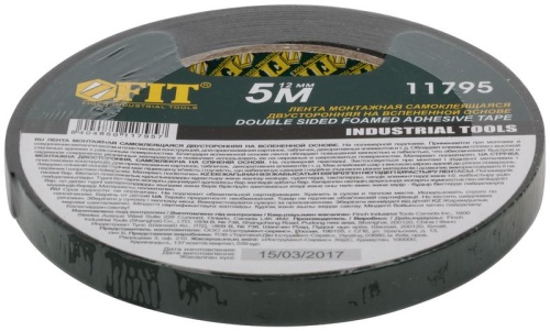 Лента клеящая 2-х сторонняя монтажная на вспененной основе с полимерной подложкой 12ммх5м FIT 11795 фото 3