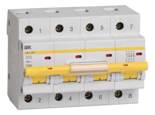 Автоматический выключатель ВА47-100 4Р 20А 10кА D | код MVA40-4-020-D | IEK 