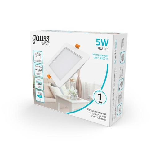 Светильник светодиодный Basic Downlight 5Вт 4000К IP20 400лм 170-260В 95х26 квадрат бел. GAUSS 9031420205 фото 5