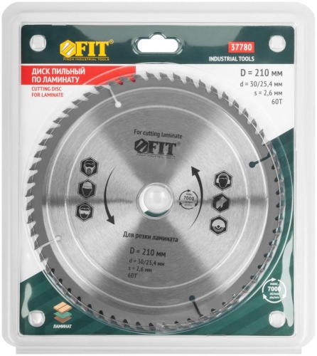 Диск пильный для циркулярных пил по ламинату 210x30/25.4x60T | код 37780 | FIT фото 3 Диск пильный для циркулярных пил по ламинату 210x30/25.4x60T | код 37780 | FIT фото 3