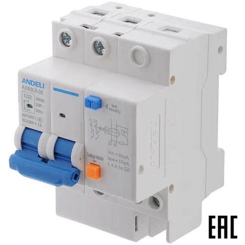 Диф. автомат ADB3LE-32 2P 32A 30mA тип AC х-ка С 6kA (ANDELI) | код ADL02-064 | ANDELI
