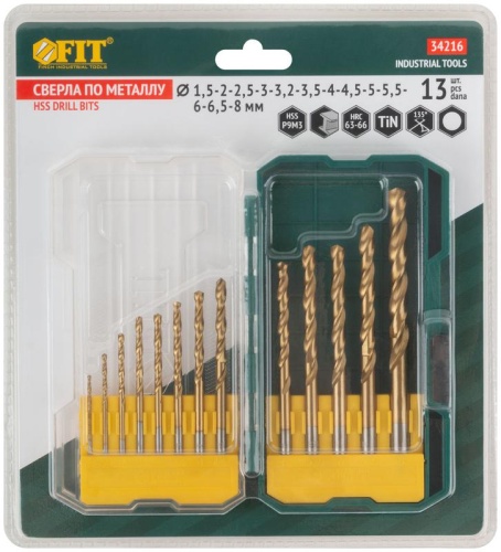 Набор сверл HSS пометаллу титановое покрытие 13шт (1.5-2-2.5-3-3.2-3.5-4-4.5-5-5.5-6-6.5-8мм) FIT 34216 фото 3