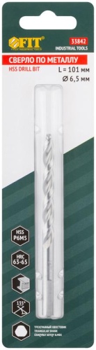 Сверло по металлу HSS полированное, центровочный наконечник, Р6М5, блистер 6,5х101 мм ( 1 шт.) | код 33842 | FIT фото 3 Сверло по металлу HSS полированное, центровочный наконечник, Р6М5, блистер 6,5х101 мм ( 1 шт.) | код 33842 | FIT фото 3
