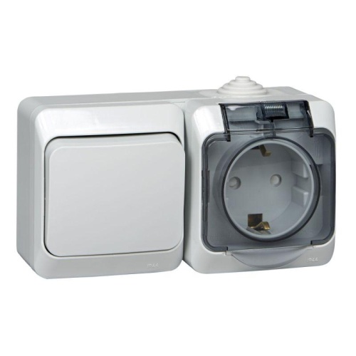 ЭТЮД Блок Переключатель одноклавишный/Розетка наружная с заземлением со шторками IP44 серый | код BPA16-246C | Systeme Electric