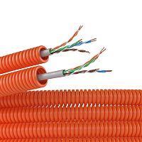 Электротруба ПНД гибкая гофрированная д. 16 мм, цвет оранжевый, с кабелем витая пара 5EU/UTP нг(А)-HF, 50 м | код 7EU91650 | DKC