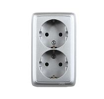 Розетка двойная наружная с заземлением с изоляционной пластиной серебро | код РА16-153-06 | HEGEL