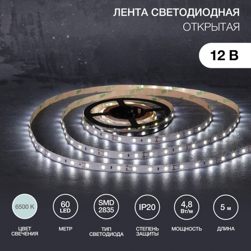 Лента светодиодная 12В, SMD2835, 4,8Вт/м, 60 LED/м, 6500К, 8мм, 5м, для БП с клеммами, IP20 LAMPER | код 141-2013 | LAMPER Лента светодиодная 12В, SMD2835, 4,8Вт/м, 60 LED/м, 6500К, 8мм, 5м, для БП с клеммами, IP20 LAMPER | код 141-2013 | LAMPER