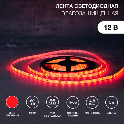 LED лента силикон, 8 мм, IP65, SMD 2835, 60 LED/m, 12 V, цвет свечения красный | код 141-351 | LAMPER